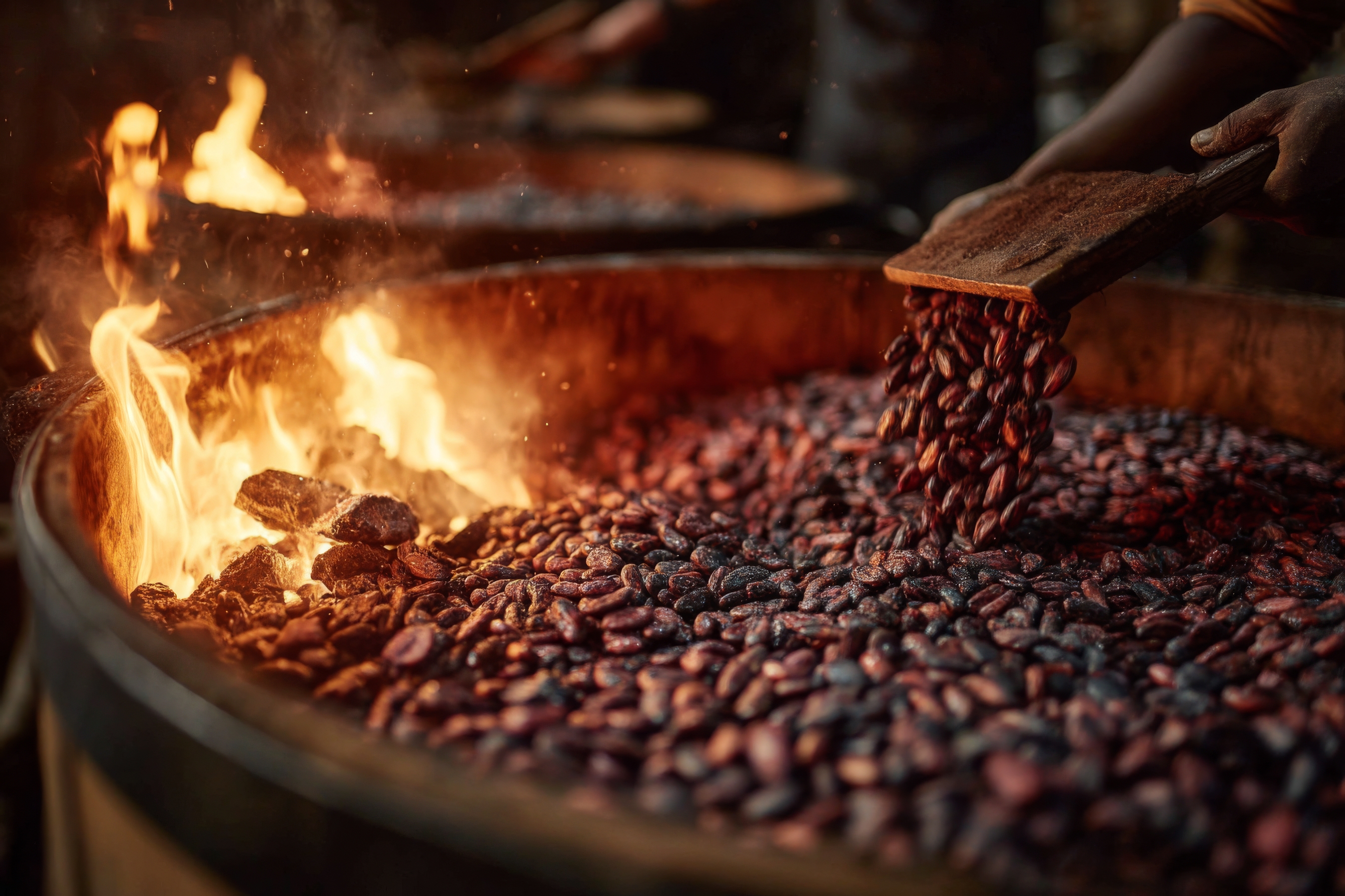 Roasting cacao beans over fire